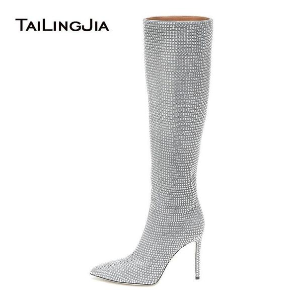

tailingjia gorgeous ladies pointed toe stiletto high heel winter shoes 2020 silver luxury rheinstone knee high boots for women, Black