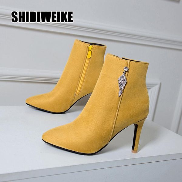 

fashion ankle boots high heels pointed toe women pumps suede metal decoration boots winter 2021 woman shoes tricolor v599, Black