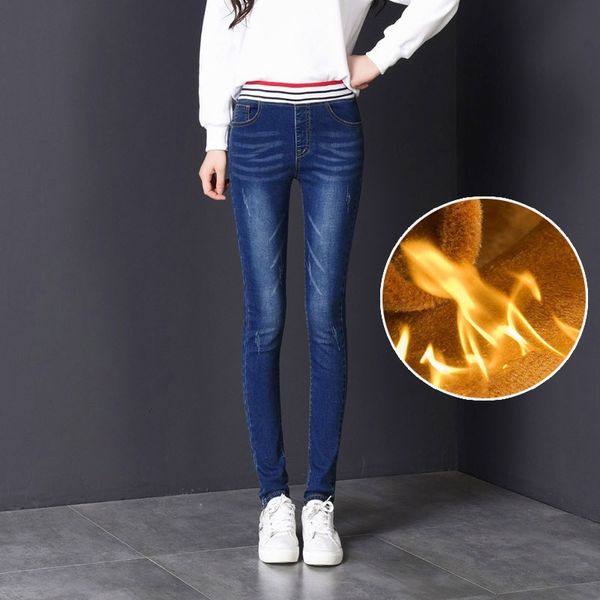 

new jeans plus velvet thickened warmth women's stretch slim jeans 201105, Blue