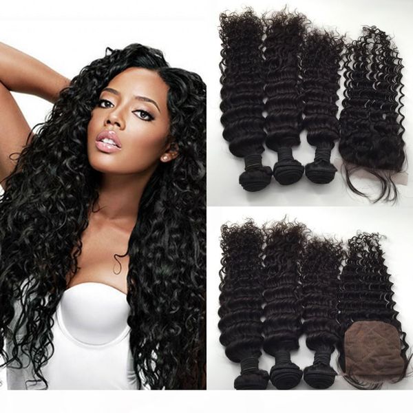 

8a malaysian virgin hair 3bundles with silk closure,deep wave silk base closure with bundles,silk lace closure and human hair bundles, Black