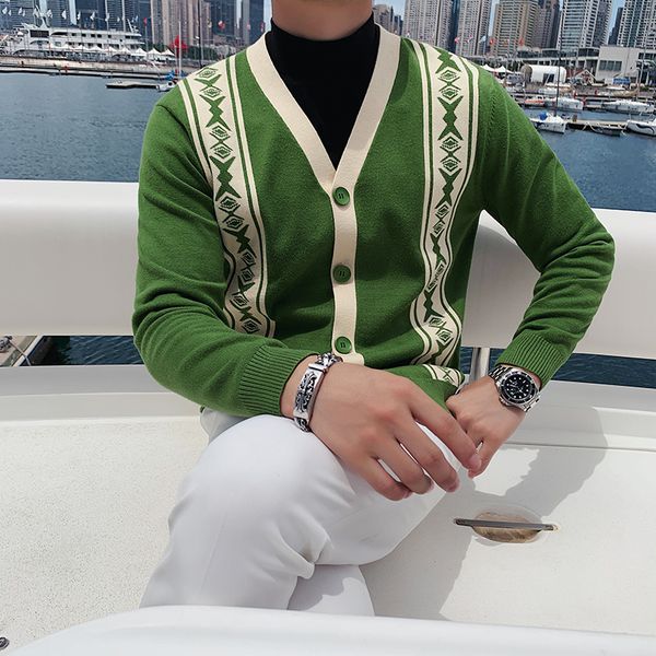 

autumn and winter new men's v-neck long-sleeved casual sweater cardigan british fashion contrast color retro knitted jacket, White;black