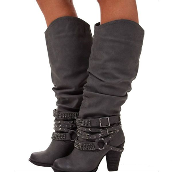 

lady western cowboy high heels motorcycle pu leather boots shoes 34-43 women long rivets bukle thin heels boots shoes, Black