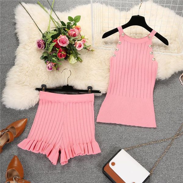 

women summer knit buttons tank shorts 2pcs clothes set thin knitted short pants suit outfits, Gray