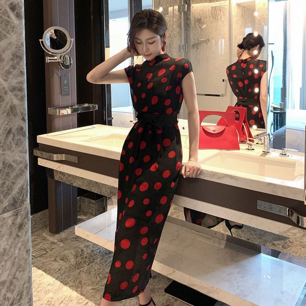 

2021 new spring and point thin round collar with short sleeve temperament summer two pieces chiffon waistline set dress lfab, Black;gray