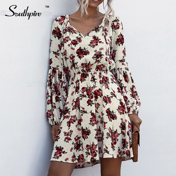 

southpire women's fashion flower print party dress autumn winter full lantern sleeve mini casual dress ladies holiday clothing 201126, Black;gray