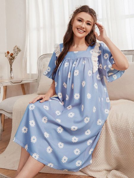 

plus floral eyelet embroidered night dress 25zb#, Black;white