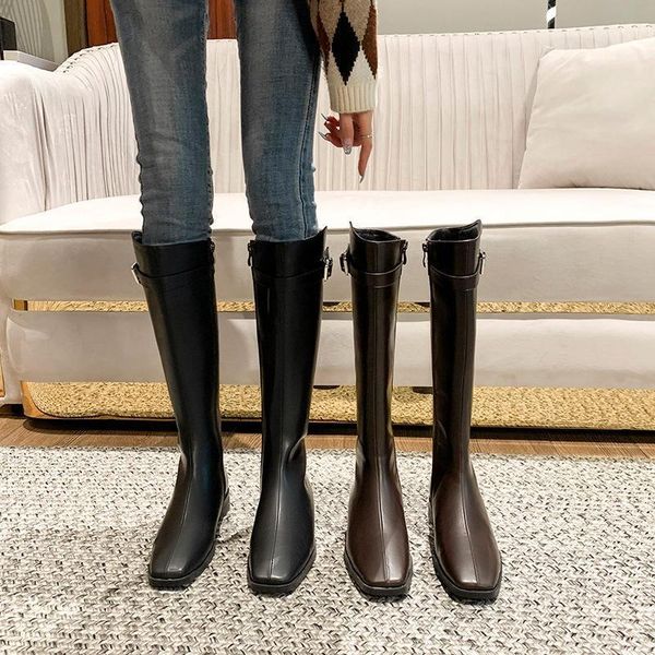 

2021 new knee-high boots square toe thick with shoes add wool women's boots1, Black