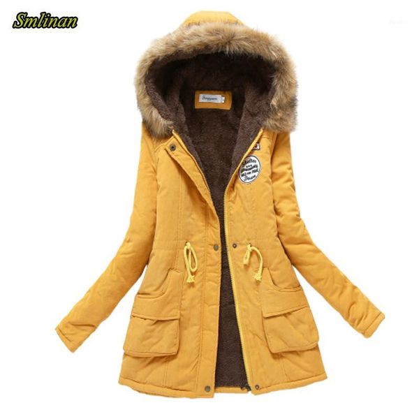 

smlinan winter jacket women fur hooded coat female plus size slim cotton liner padded jackets outwear black long parka mujer1