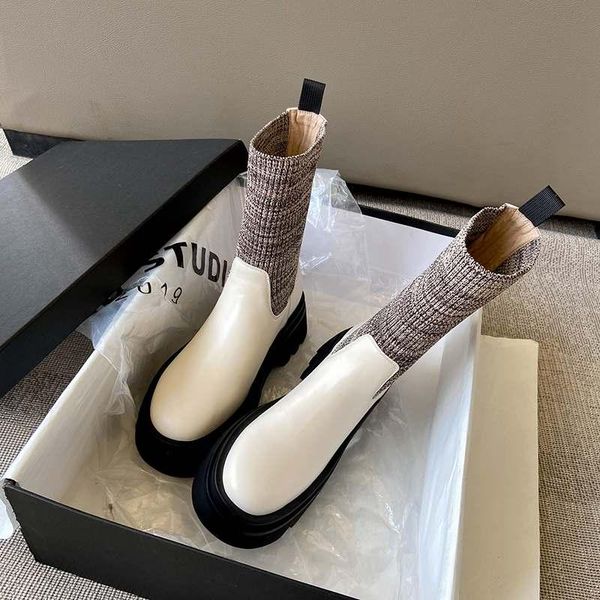 

boots botas mujer winter shoes women's ankle genuine leather round toe keep warm sock platform motorcycle, Black