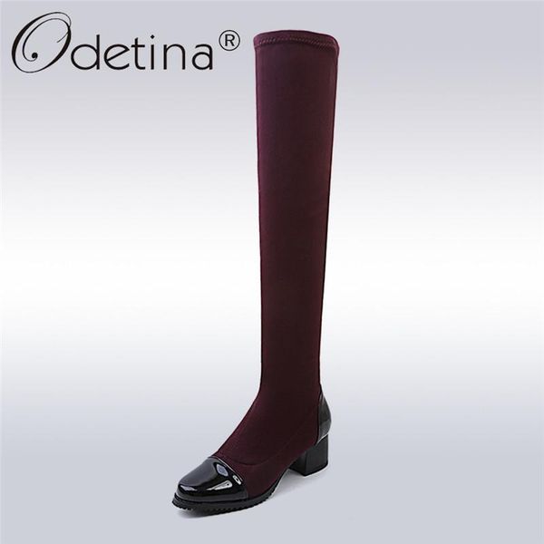 

odetina new fashion square toe over the knee boots for women chunky heels zip slip on thigh high boots autumn winter big size 43, Black