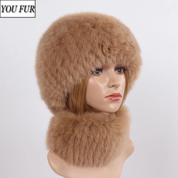

new winter real fox fur hat scarf 2 pieces women warm natural fox fur cap scarves sets lady luxury knit real fox fur hat muffler 201021, Blue;gray