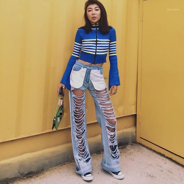 

boyfriend hole destroyed ripped pockets jeans women denim pants cool vintage straight high waist casual wide leg pants female1, Blue