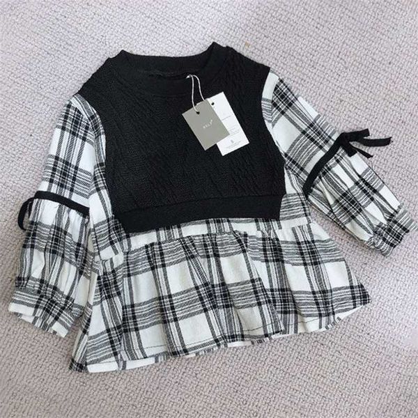 

gooporson autumn little girls outfits knit splicing plaid long blouse fashion korean sleeve shirt cute children costume 220125, White;black