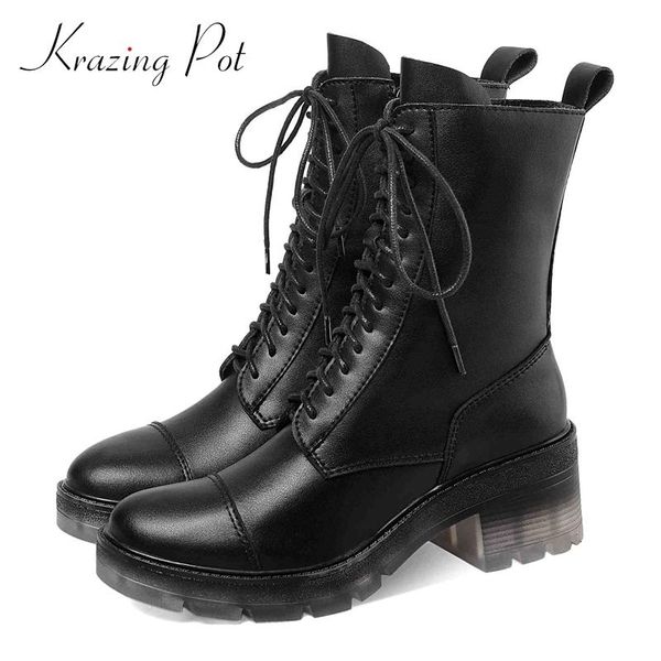 

krazing pot motorcycle boots split leather mixed colors platform round toe thick high heel zipper coolest mid-calf boots l10, Black