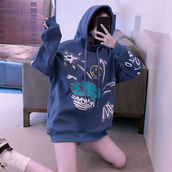 

512ju mid-length new hooded korean sweater large size 65zec women's sweaterinternet celebrity star same loose women's printed swea, Black