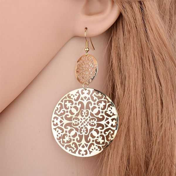 

vintage round pendientes long earrings for women jewelry hollow gold silver color black carved flower dangle earrings bohemian