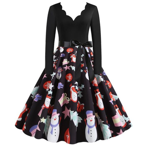 

2021 new big swing print vintage christmas dress women winter casual long sleeve v neck new year party dress plus size, Black;gray