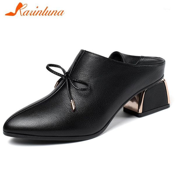 

karin 2020 new fashion genuine cow leather thick heels concise pumps women shoes slip-on office lady pumps woman shoes1, Black
