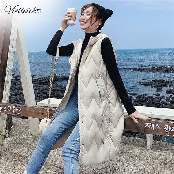 

vielleicht winter women vest casual long hooded waistcoat zipper pocket thicken warm sleeveless sintepon parka vest for female 201028, Black;white