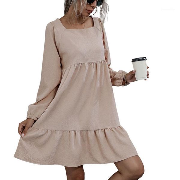 

casual dresses women loose dress, adults solid color long sleeve square collar tie up one-piece1, Black;gray