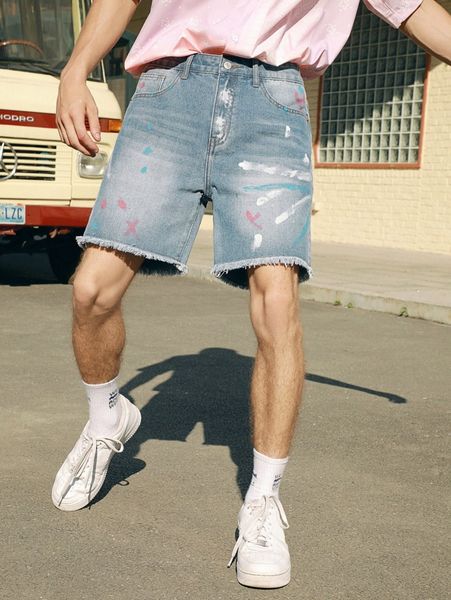 

men brush print raw hem denim shorts s6tq#, Blue