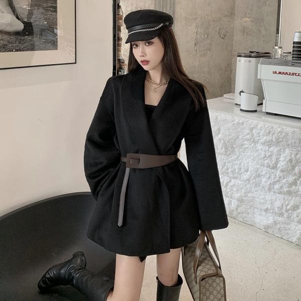 

gu lan fairy сыпучие lace-up талия хин шерстяная куртка женский элегантный универсальный для похудения mid-ленг куртка -40, Black