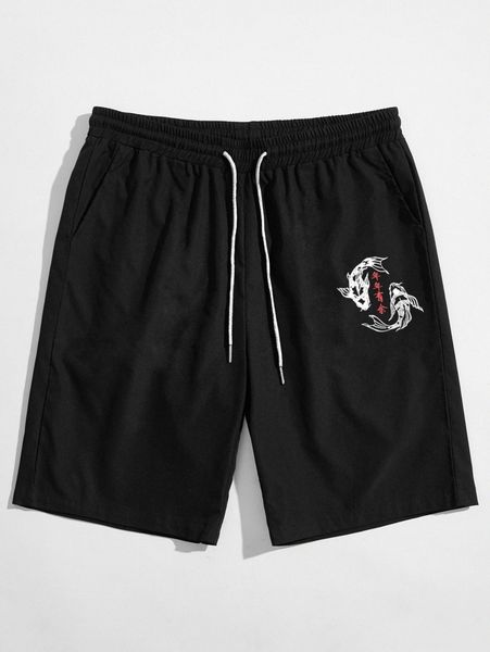 

men chinese letter & fish print drawstring shorts 10mj#, Black