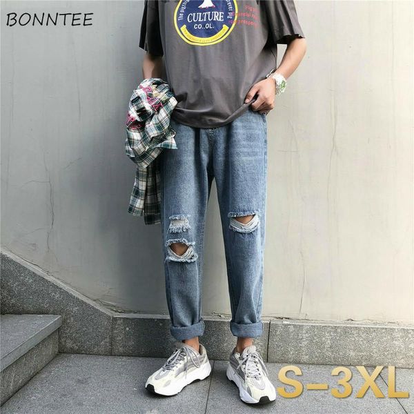 

men jeans hole ripped thin ankle-length korean-style chic baggy straight all-match denim trousers mens wide-leg leisure stylish1, Blue