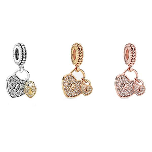 

fits pandora bracelets 20pcs paved crystal double heart padlock dangle silver charms bead charm beads pendant for wholesale diy european ste, Black