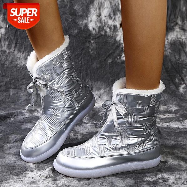 

lucyever silver pu leather waterproof snow boots women shoes warm short plush winter ankle boots woman flat cotton padded shoes #mi0f, Black