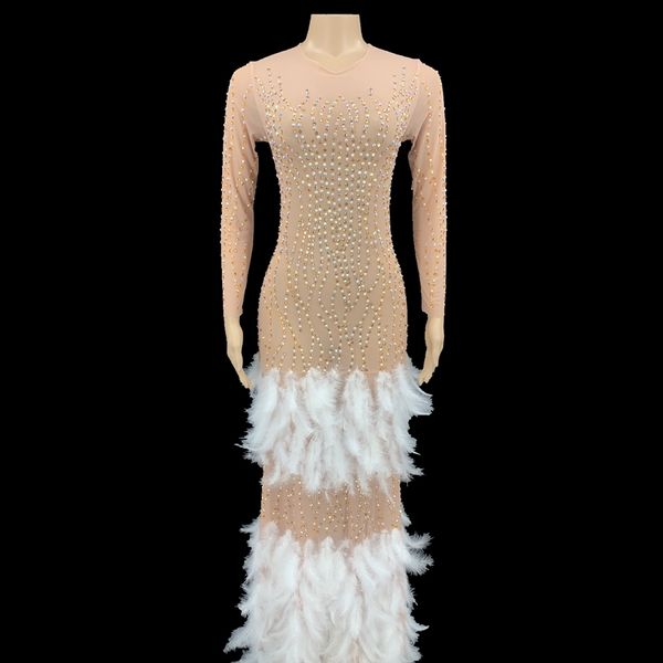 

sparkly rhinestone feather long dress women elegant evening wedding celebrate prom party birthday dress singer stage wear, Black;red