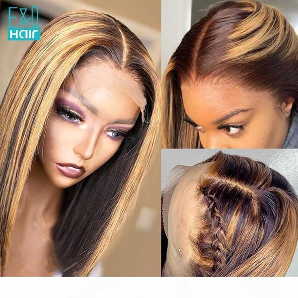 

short bob 13x4 lace front human hair wigs highlight honey blonde ombre human hair wig pre plucked brazilian remy for women 150%, Black;brown
