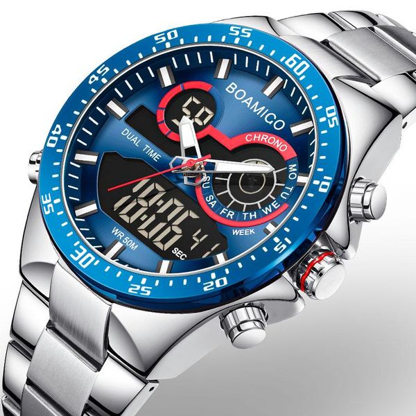 

2020 boamigo mens watches blue digital quartz clock stainless steel waterproof sport chronograph wirst watch, Slivery;brown