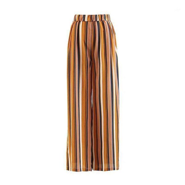 

contrast color striped print wide leg pants woman high elastic waist full length trousers femme casual loose pants1, Black;white
