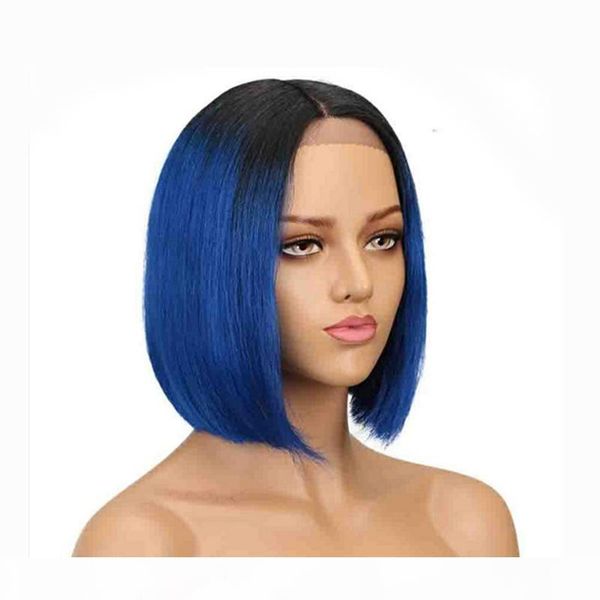 

blue short wig ombre color lacefront bob human hair virgin brazilian pre plucked full lace bob wigs blue ombre for black women, Black;brown