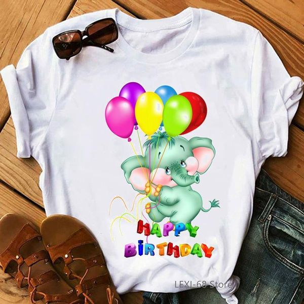 

happy birthday elephant graphic print t shirt women rainbow balloon tshirt femme harajuku shirt kawaii clothes funny t-shirt, White