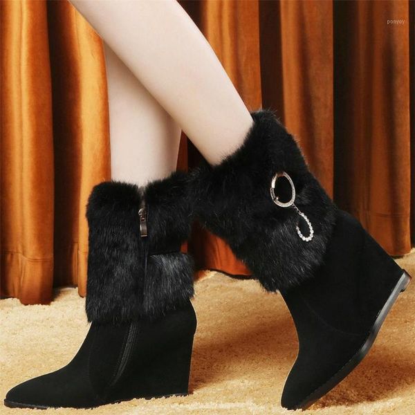 

winter platform pumps shoes women genuine leather wedges high heel motorcycle boots female high warm fur casual shoes1, Black