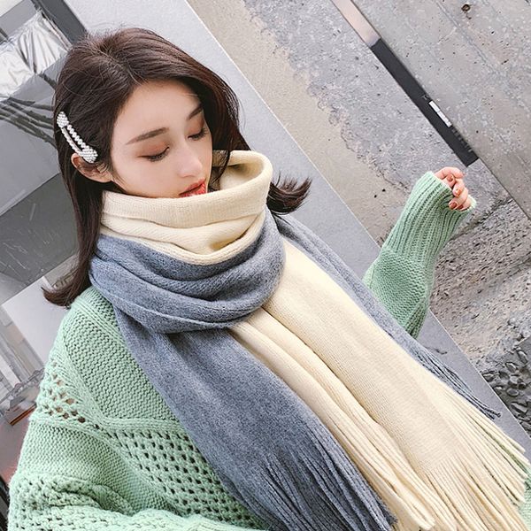 

scarf women's winter korean versatile shawl dual purpose thickened knitted wool thread long color matching tassel warm neck, Blue;gray