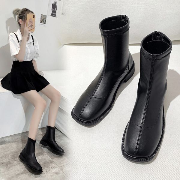 

women's rubber boots autumn shoes luxury designer round toe boots-women booties woman 2020 low heel rain fashion rock, Black