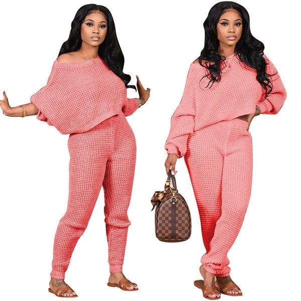 

solid color batwing sleeve designer womens sweater suits loose pullover casual womens clothing 2 piece set, White