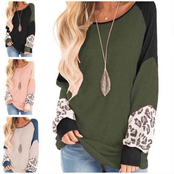 

fashion women summer fall clothing balloon leopard sleeve color block blouse pullover top