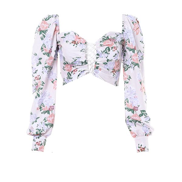 

2021 new french vintage elegant lower floral girl cut rents-up women and with neckline on v oco off short blouse y6rn, White
