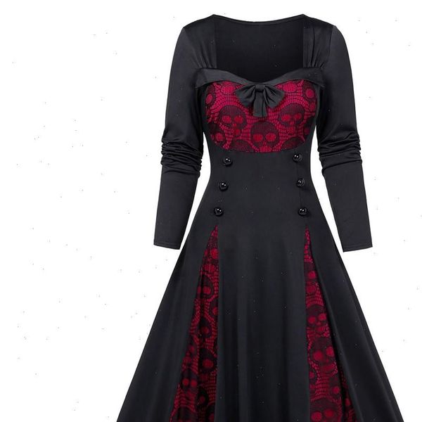 

35 plus size dress halloween skull lace insert mock button bowknot dress gothic medieval dresses vestidos autumn dress women, Black;gray