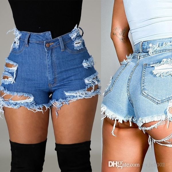 

women jeans casual solid denim shorts vintage bleached hole summer short pants new irregular torn and worn stretch denim shorts, Blue