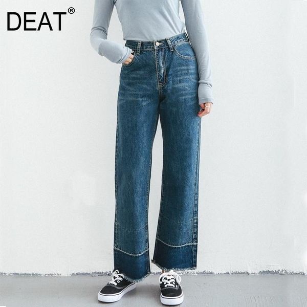 

deat] 2019 autumn fashion trend new pattern vintage high waist women's jeans harajuku simple waist straight spleced ai8451, Blue