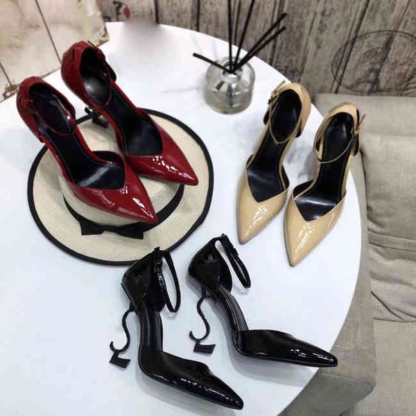 

designer women colorful heels sandals t-strap high-heeled pumps ladies patent leather unique letters 11cm heel dress shoes, Black