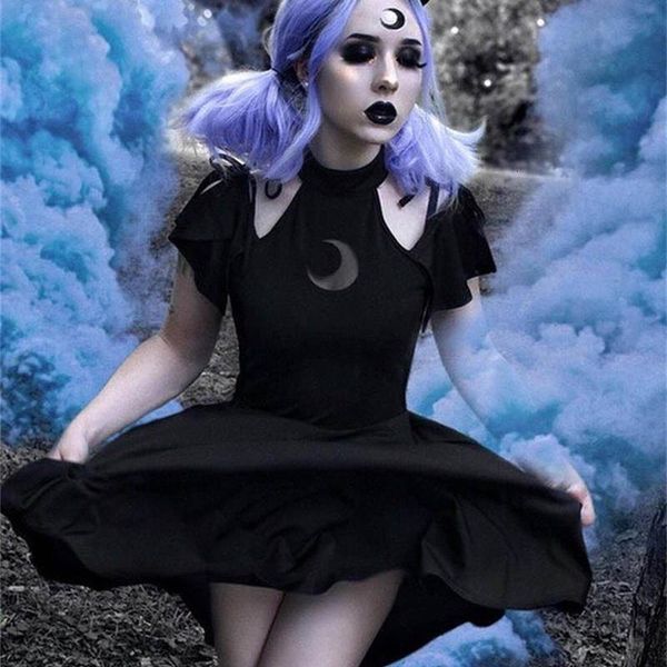 

halter off shouder women dresses summer black hollow out moon mini pleated dresses lace up slim thin gothic punk club dress, Black;gray