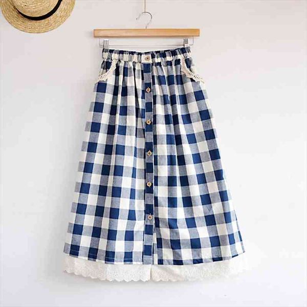 

japanese style mori girl long midi skirt women kawaii lace patchwork a-line button plaid skirts high waist jupe femme, Black