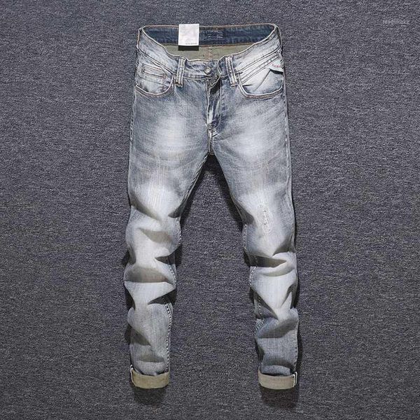 

italian style fashion men jeans slim fit retro gray ripped jeans men denim hip hop pants streetwear vintage designer homme1, Blue