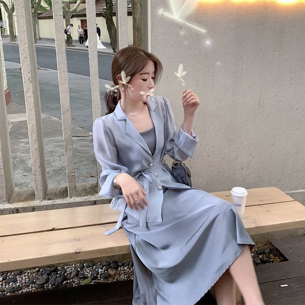 

5g7mp thin casual coatsling coatcoat female long goddess satin tempera suspender two-piece thin casual dress coatsling coatcoat female tempe, Gray